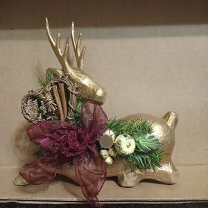 Vintage Paper Mache Lying Gold Deer Reindeer Bow Christmas Decor 12"